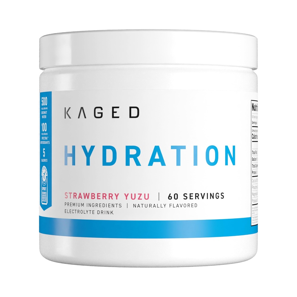 Poudre d'électrolytes kaged Hydra-Charge de fraise Yuzu de fraise Mélange de boissons sportives pré, post, intra-entraînement