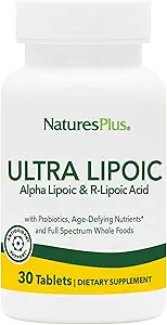 Natures Plus Ultra Lipoic - 30 comprimés bi-layered - Alpha Lipoic & R-Lipoic Acid - Support antioxydant - avec probiotiques et nutriments défavorisant l'âge - Sans gluten - 30 portions