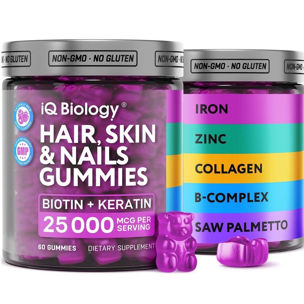 Gommies Biotin pour cheveux, peau et ongles - Vitamines de croissance des cheveux pour les femmes et les hommes - Supplément Gommy perte de cheveux avec Biotine Extra Strength (Vitamine B7), Collagène, Keratin & DHT Blocker, 60 ours à croquer
