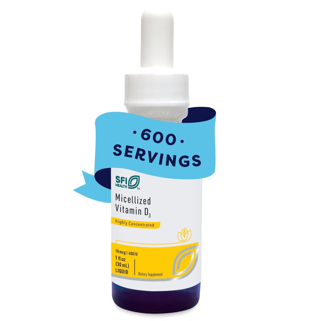 Klaire Labs SFI Health Micellized Vitamine D3 Liquide pour enfants, nourrissons et adultes - 400 UI Vitamine D par goutte - Convient aux enfants - Soutien immunitaire - Mango Orange Flavor Drops (600 portions / 1 fl oz)