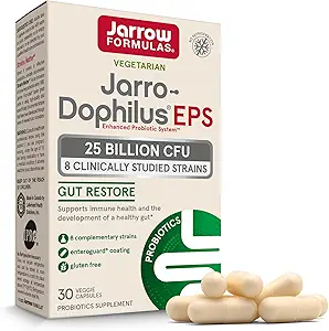Formules de Jarrow Jarro-Dophilus EPS Gut Restore Probiotiques 25 Million CFU avec 8 souches étudiées cliniquement, supplément alimentaire pour le soutien intestinal et immunitaire, 30 capsules de Veggie, 30 jours d'approvisionnement