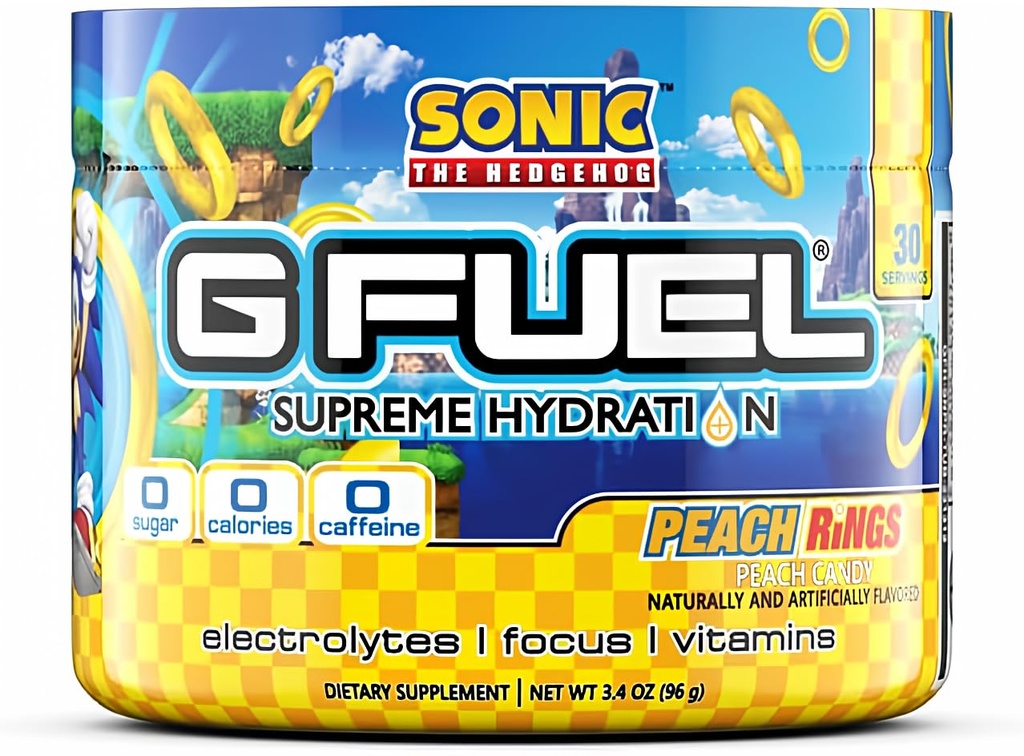 G Combustible Anneaux de pêche Sonic hydratation suprême, mélange de poudre d'électrolyte pour l'énergie et le focus, sucre et supplément sans caféine avec vitamines et minéraux essentiels, anneaux de pêche saveur, 3,4 oz - 30 portions