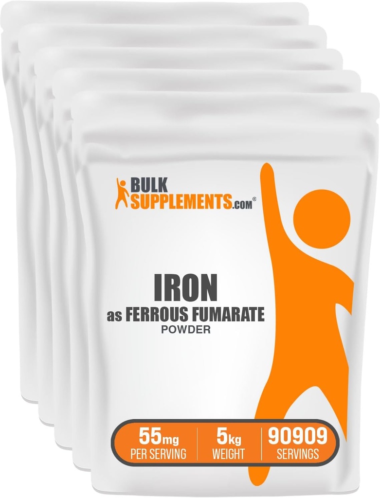BulkSupplements.com Poudre de fumarate ferreux - Minéral essentiel, supplément de fer pour les hommes et les femmes - Sans gluten, 55mg par portion, 1kg (2,2 lbs) (paquet de 5)