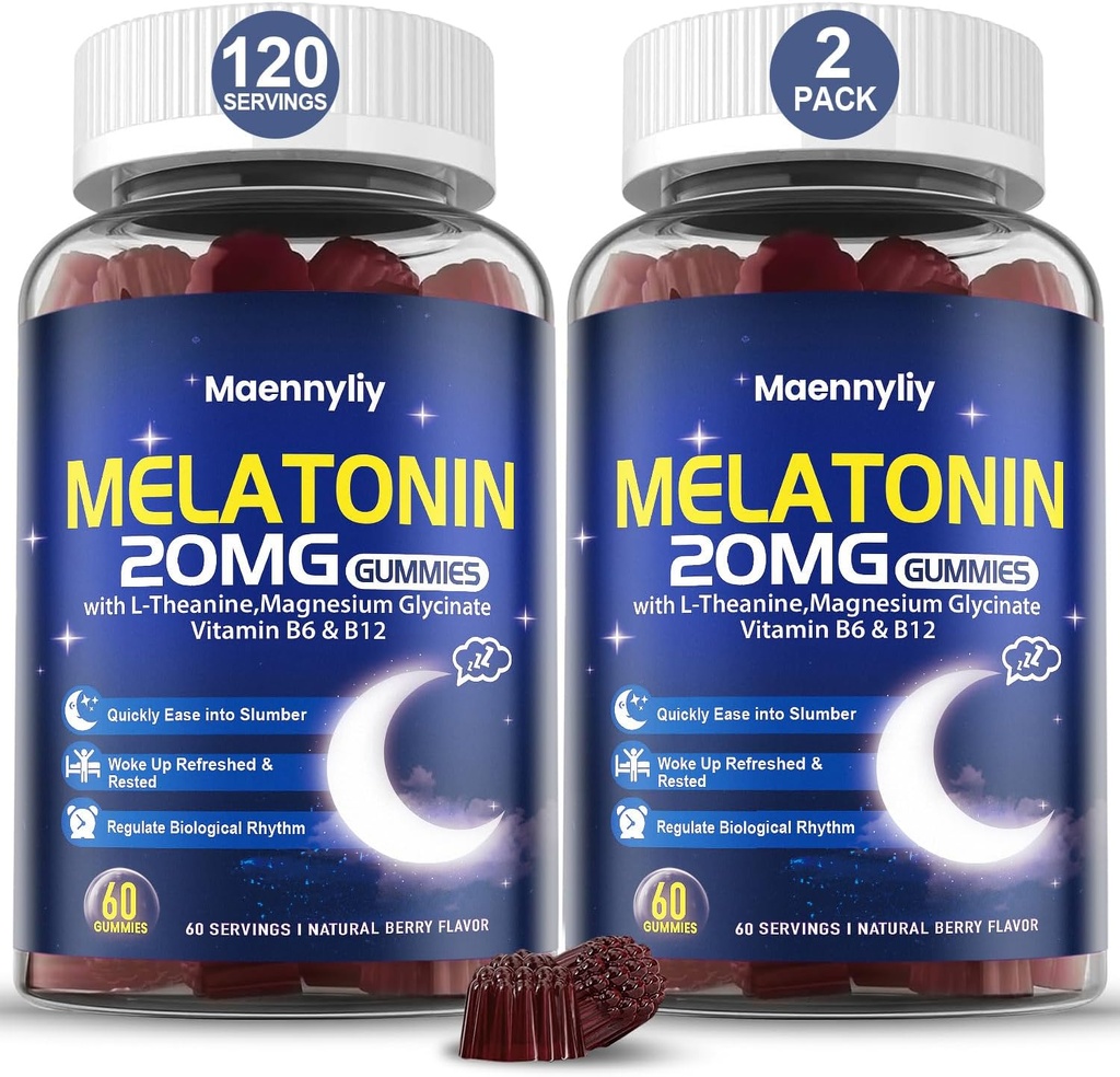 Mélatonine 20mg Gommies pour adultes - Sans sucre Gommies sans mélatonine Force supplémentaire avec L-Theanine, Magnésium, Ashwagandha, Turmeric, D3 & Zinc - Non-Habit Former