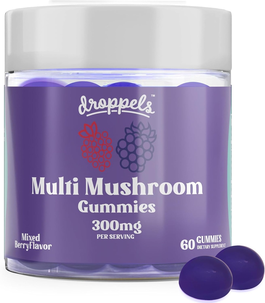 Droppels Multi-Mushroom Gummies.com Vegan, Pectin-Based & Non-GMO.Maitake, Shiitake, Turkey Tail, Chaga, Reishi & Lion's Mane Supplément.com Berries mixtes Flavor, 60 comte