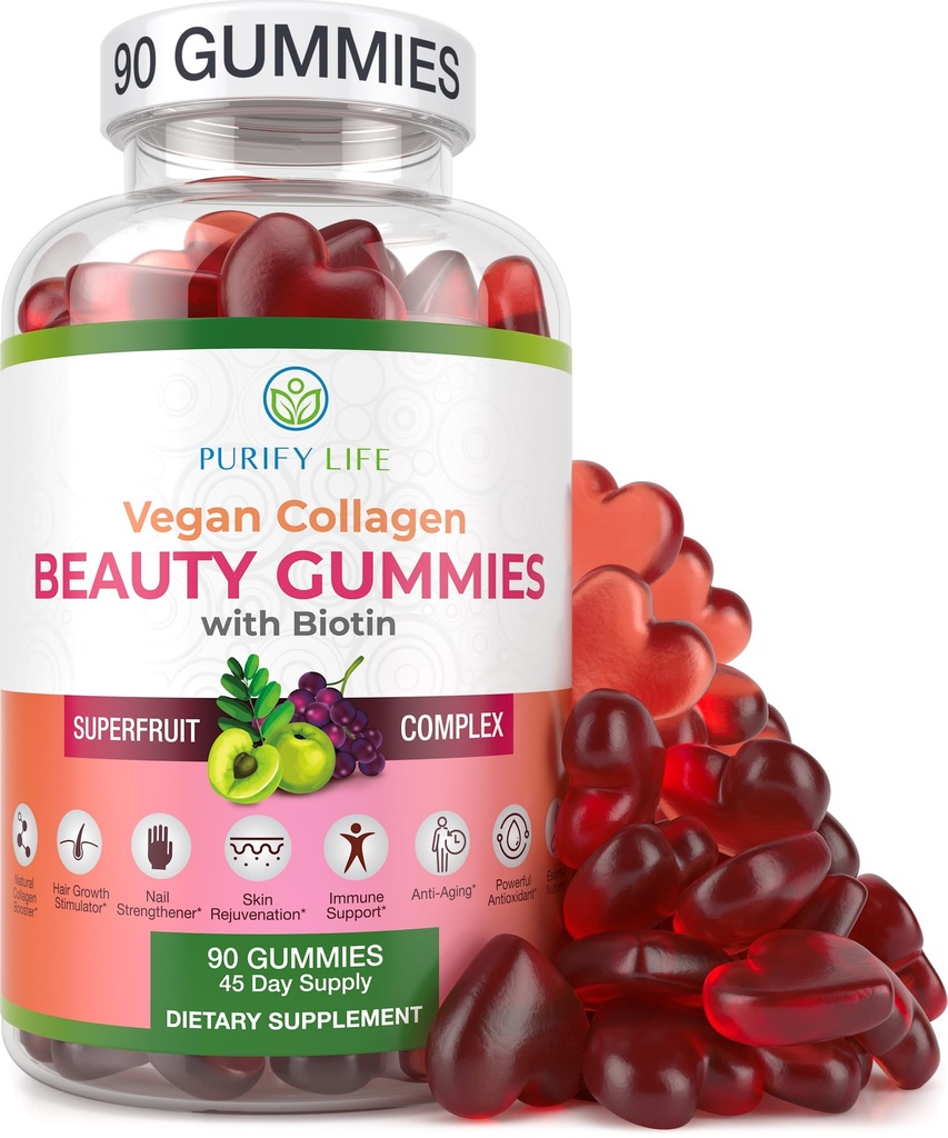 Purifier la vie Gommies de collagène végétalien avec des vitamines de biotine pour la peau des cheveux et les ongles santé, (90 Chews) Complexe de collagène de soutien Superfruit avec resvératrol, vitamine A, E, C - Remplacer Capsules, pilules