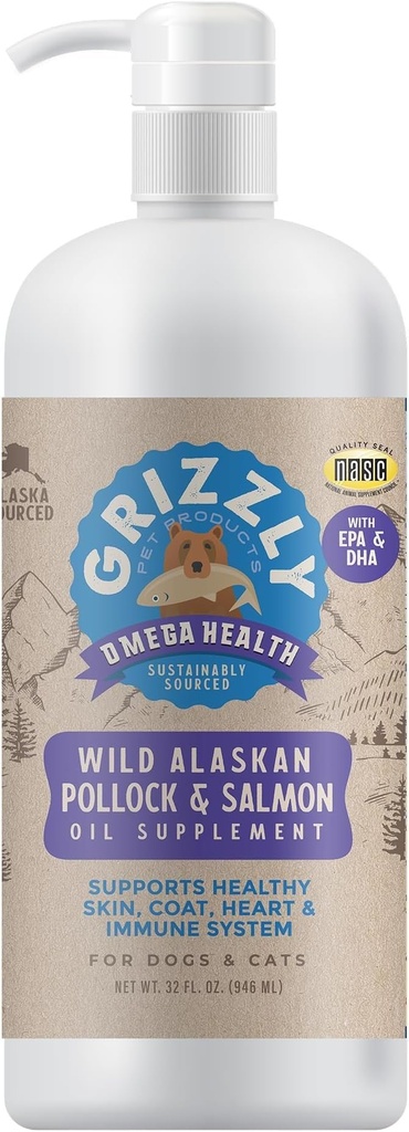 Grizzly Produits pour animaux de compagnie Omega Health Liquid Omega-3 Supplément pour chiens et chats, 32 bouteilles d'Once