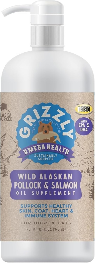 Grizzly Produits pour animaux de compagnie Omega Health Liquid Omega-3 Supplément pour chiens et chats, 32 bouteilles d'Once