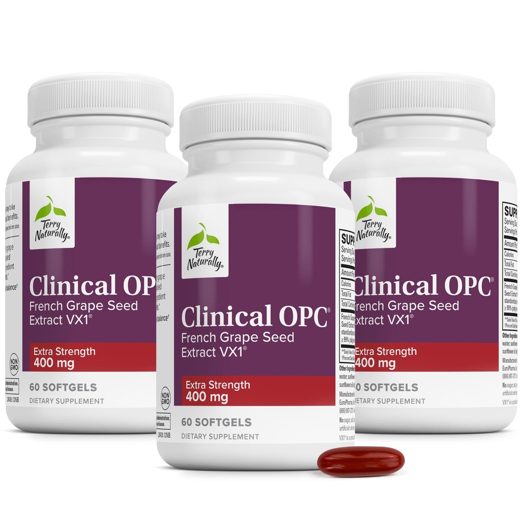 Terry naturellement clinique OPC Extra Strength - Santé cardiovasculaire et Focus Support - Supplément avec extrait de graines de raisin - Supplément de soutien immunitaire - 60 Softgels (Pack of 3)