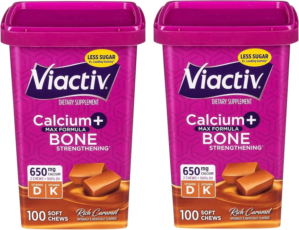 Viactiv Max Formule Calcium + Vitamine D3 Supplément pour la santé des os, Caramel Rich, 100 Chews Soft - 2 Pack