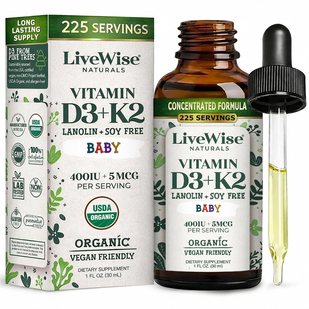 Supplément liquide de vitamine D3-K2 pour bébé, gouttes de vitamine pour nourrissons et tout-petits, pour une croissance saine, le développement et le bien-être quotidien, goutte à goutte facile à utiliser dans la bouteille de verre, 1 Fl Oz