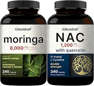 NatureBell Moringa Oleifera 8000mg Par portion et supplément NAC (N-acétyl Cysteine) avec Quercetin, 1200mg Par portion Pack 2