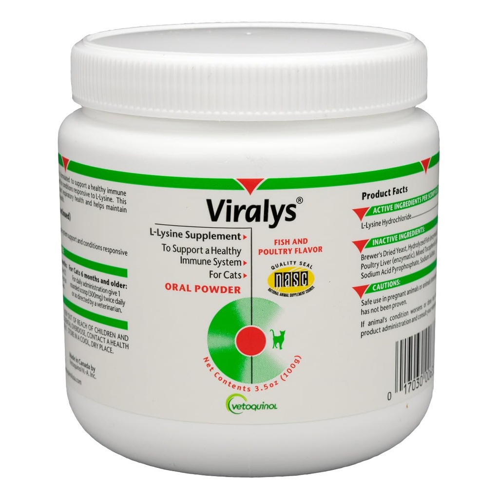 Vétoquinol Viralys quotidien L-Lysine poudre pour chats et chatons, supplément Lysine aromatisé poisson pour chats et chatons pour soutenir la santé immunitaire, la fonction normale des yeux et la santé respiratoire, 100gm