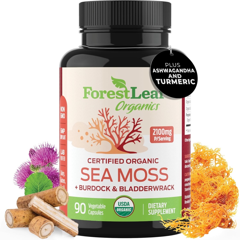 ForestLeaf Organic Irish Sea Moss Capsules | 2100mg Raw Seamoss Pills Advanced Supplement Superfood + Burdock, Bladderwrack for Digestive, Respiratory, Immune Health | 90 Vegan Organic Sea Moss Caps