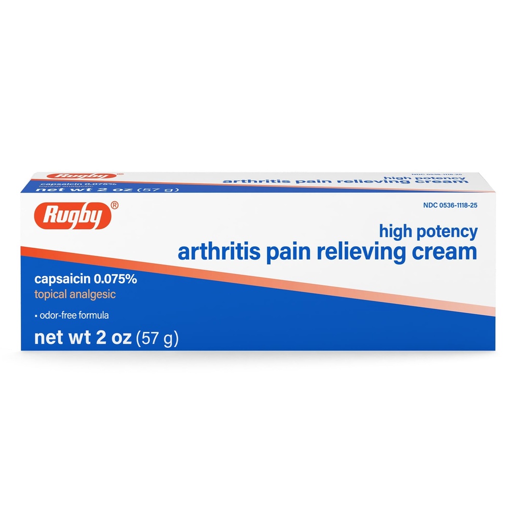 Rugby High Potency Capsaicin 0.075% Crème - Crème de soulagement de la douleur pour l'arthrite - 2 Oz (57g), (1 Pack)