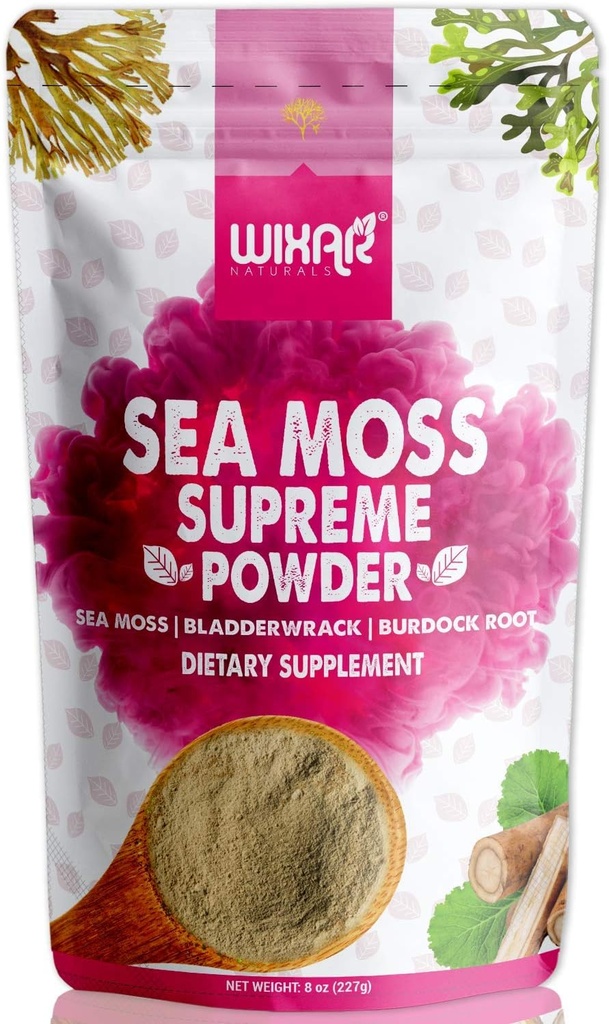 Wixar Wildcrafted Sea Moss Powder – (8 Ounces) – Natural Irish Sea Moss and Bladderwrack with Burdock Powder - Thyroid Support, Healthy Skin, Keto Detox, Joint Support Alkaline Supplements