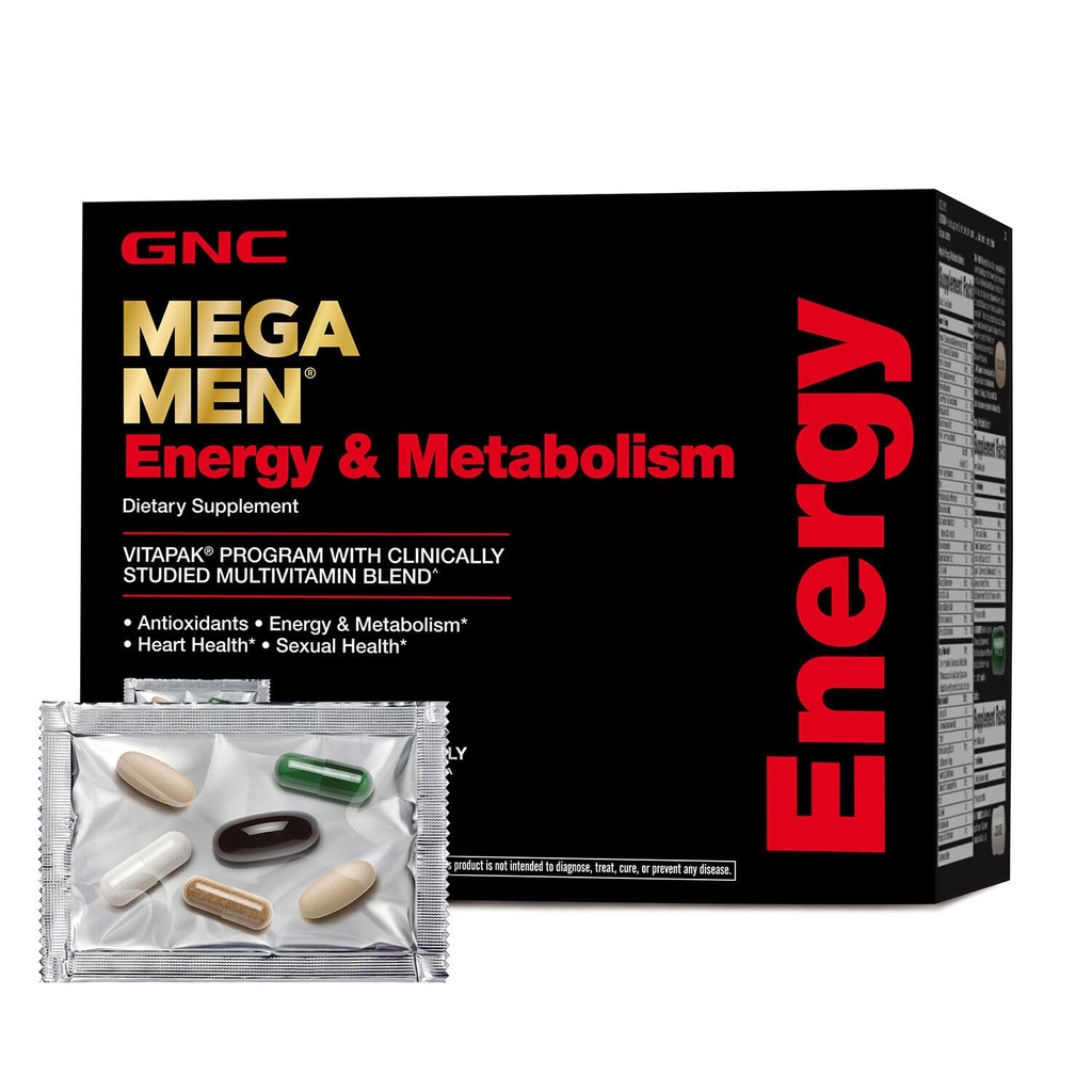 GNC Mega Hommes Énergie et métabolisme Programme Vitapak, Pratique, Nutrition complète, 5 produits en 1 paquet, Calorie Burn, Thermogénique, 300 mg de caféine, 30 boîtes quotidiennes