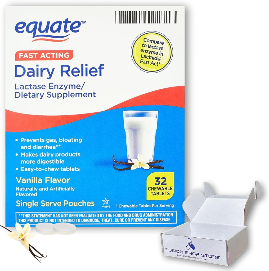 Pilules laitières pour l'intolérance à la lactose - Equite Fast Acting Relief Vanilla Flavor, 32 comprimés à croquer, Lactaid Chewables, Lactase Enzyme (paquet de 1), Boxed by Fusion Shop Store
