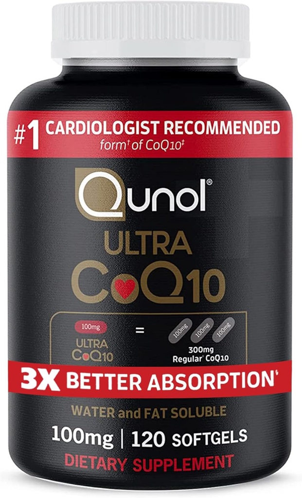 Qunol CoQ10 100mg Softgels, Qunol Ultra CoQ10 100mg, 3x Meilleure absorption, Antioxydant pour la santé cardiaque et la production d'énergie, Coenzyme Q10 Vitamines et suppléments, 120 Nombre (paquet de 24)