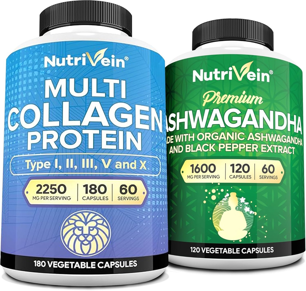 Nutrivein Premium Multi Collagène Capsules & Suppléments Ashwagandha Bundle: haute absorption Ashwagandha Root & Multi Collagène Peptides Capsules pour le corps et l'esprit