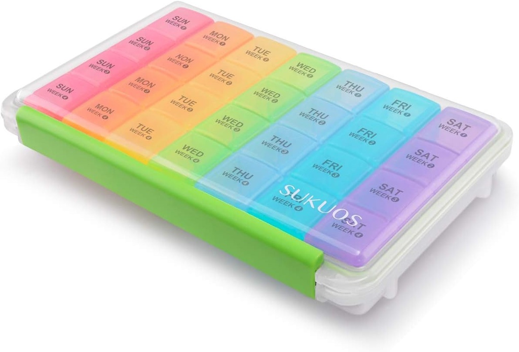 Sikuos Monthly Pill Organizer 28 jours, grandes boîtes à pilules résistantes à l'humidité avec boîte à poudre et couvercle transparent pour la vitamine / huile de poisson / suppléments, facile à ouvrir et à nettoyer