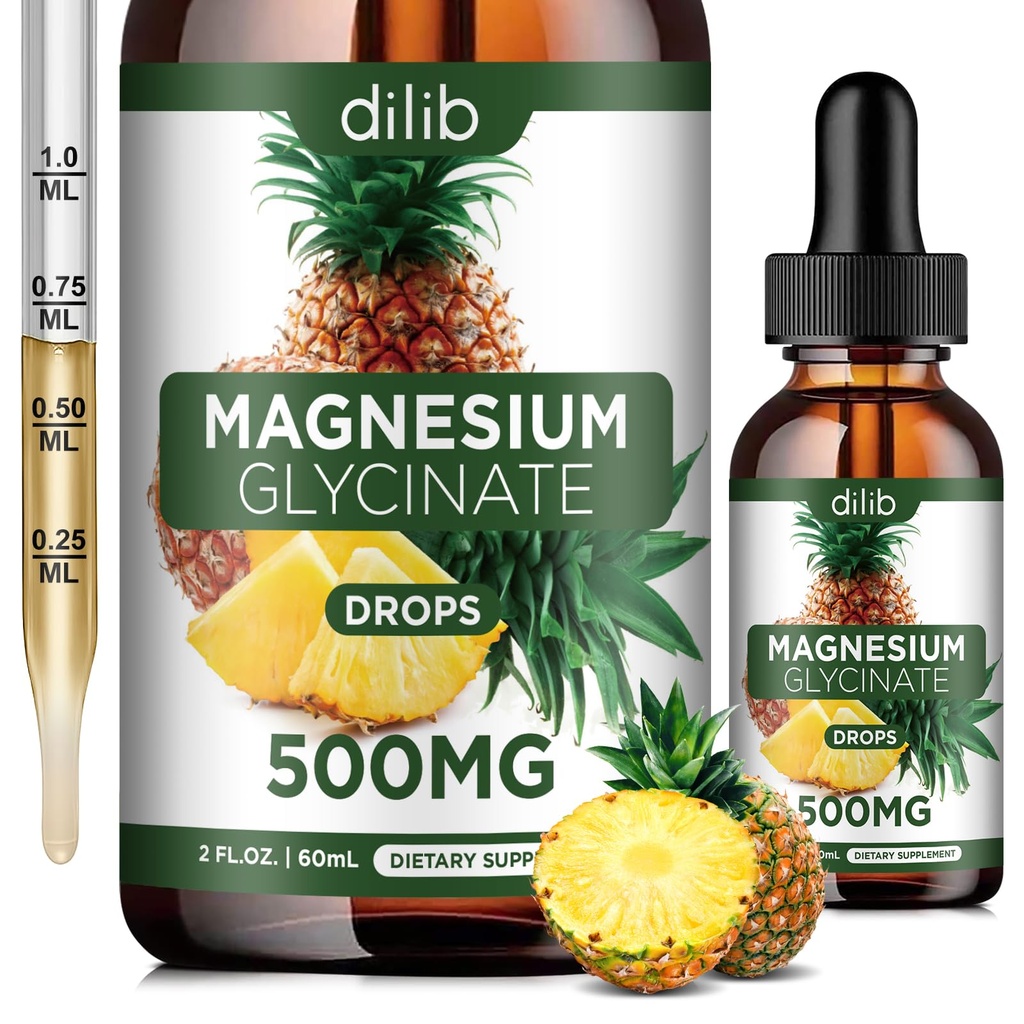 Supplément glycinate de magnésium, gouttes liquides de glycinate de magnésium 500mg-Support anti-stress, relaxation, humeur, sommeil, os et muscles-2 Fl Oz, végétalien, goût d'ananas