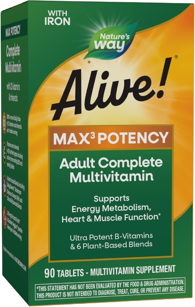 La nature est vivante ! Max3 Potence Multivitamine quotidienne, B12 méthylé et folate, Vitamines B ultra-potence pour soutenir le métabolisme énergétique*, 90 comprimés