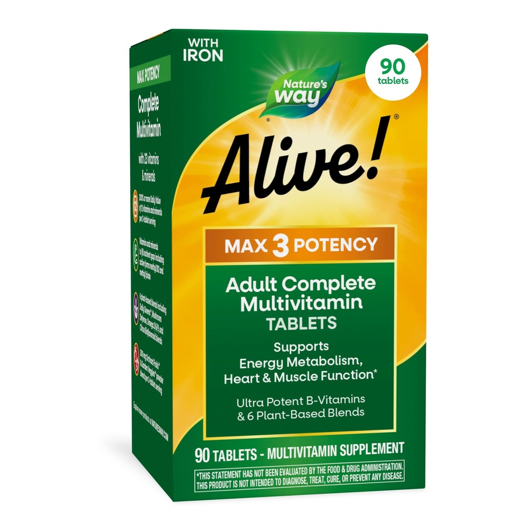 La nature est vivante ! Max3 Potence Multivitamine quotidienne, B12 méthylé et folate, Vitamines B ultra-potence pour soutenir le métabolisme énergétique*, 90 comprimés