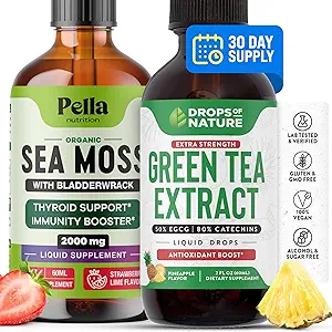 PELLA NUTRITION Sea Moss Organic Liquid Drops | Drops of Nature Green Tea Extract | Bundle