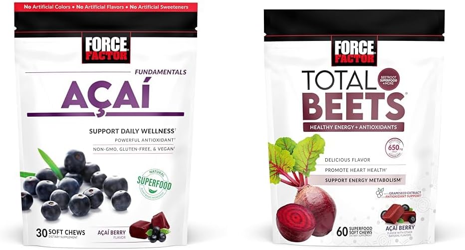 Facteur de force Açai Soft Chews pour l'immunité et le total des betteraves Soft Chews pour l'énergie du coeur saine, 30 et 60 Chews