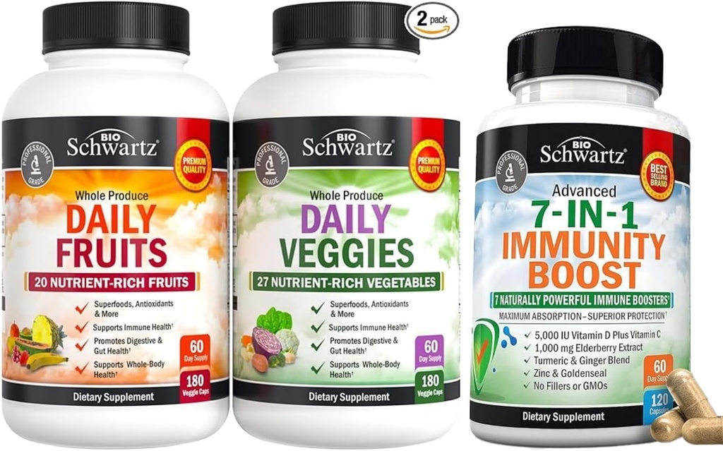 Supplément quotidien BioSchwartz Fruits et légumes pour les femmes et les hommes (2 mois d'approvisionnement) Plus 7 en 1 Supplément de soutien immunitaire avec antioxydants (2 mois d'approvisionnement)
