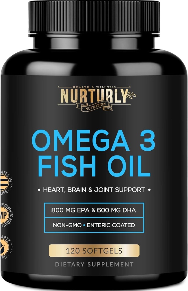 Omega 3 Huile de poisson 2000mg, 800mg EPA et 600mg DHA - Enteric Coated and Burpless - Supporte le cerveau et le cœur - Burpless, non-OGM, 3rd Party Lab testé et certifié NSF - 120 Softgels