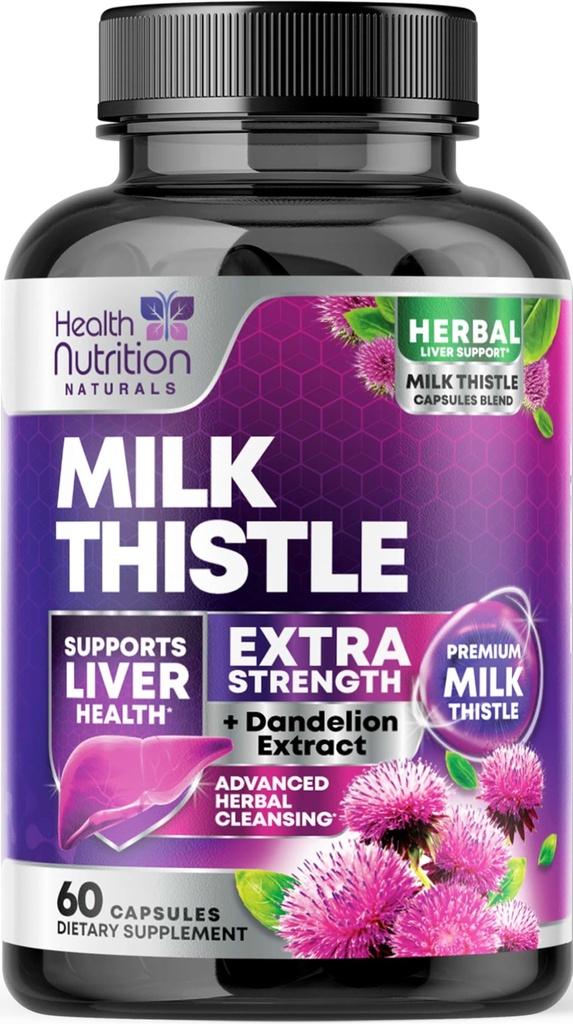 Supplément de chardon de lait avec Silymarin Marianum & Dandelion Root Liver Health Support - 9:1 Extrait de foie Nettoyer Détox & Réparation 1000mg Équivalent - Suppléments de chardon de lait de la nature - 60 Capsules