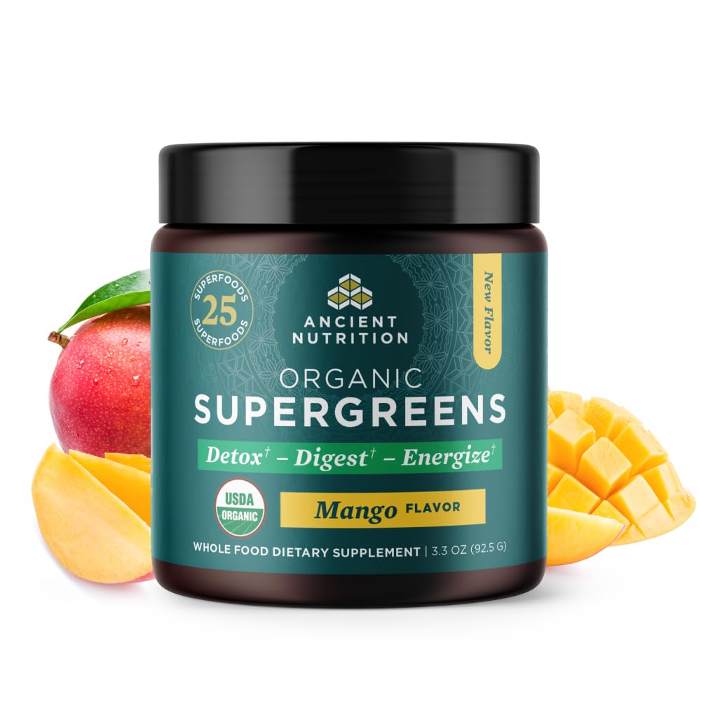 Alimentation ancienne SuperGreens Poudre avec Probiotiques, Verts à la mangue biologique, Fabriqué à partir de fruits, légumes et herbes réels, Soutien digestif et énergétique, 12 portions, 3.3oz