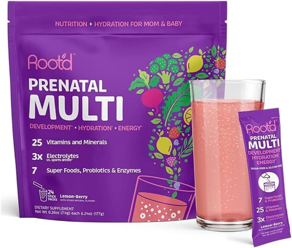 Poudre de multivitamines prénatales avec électrolytes 3X - 25 vitamines et minéraux, folate, fer, vitamine D3, 7 superaliments et probiotiques, vitamines sans sucre et hydratation