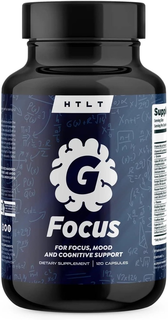 G Focus par HTLT pour le focus, l'humeur et le support cognitif Alpha GPC, Rhodiola Rosea, Lion, Lion, Gotu Kola, Ginkgo Biloba et Huperzine A Supplément (120 capsules)