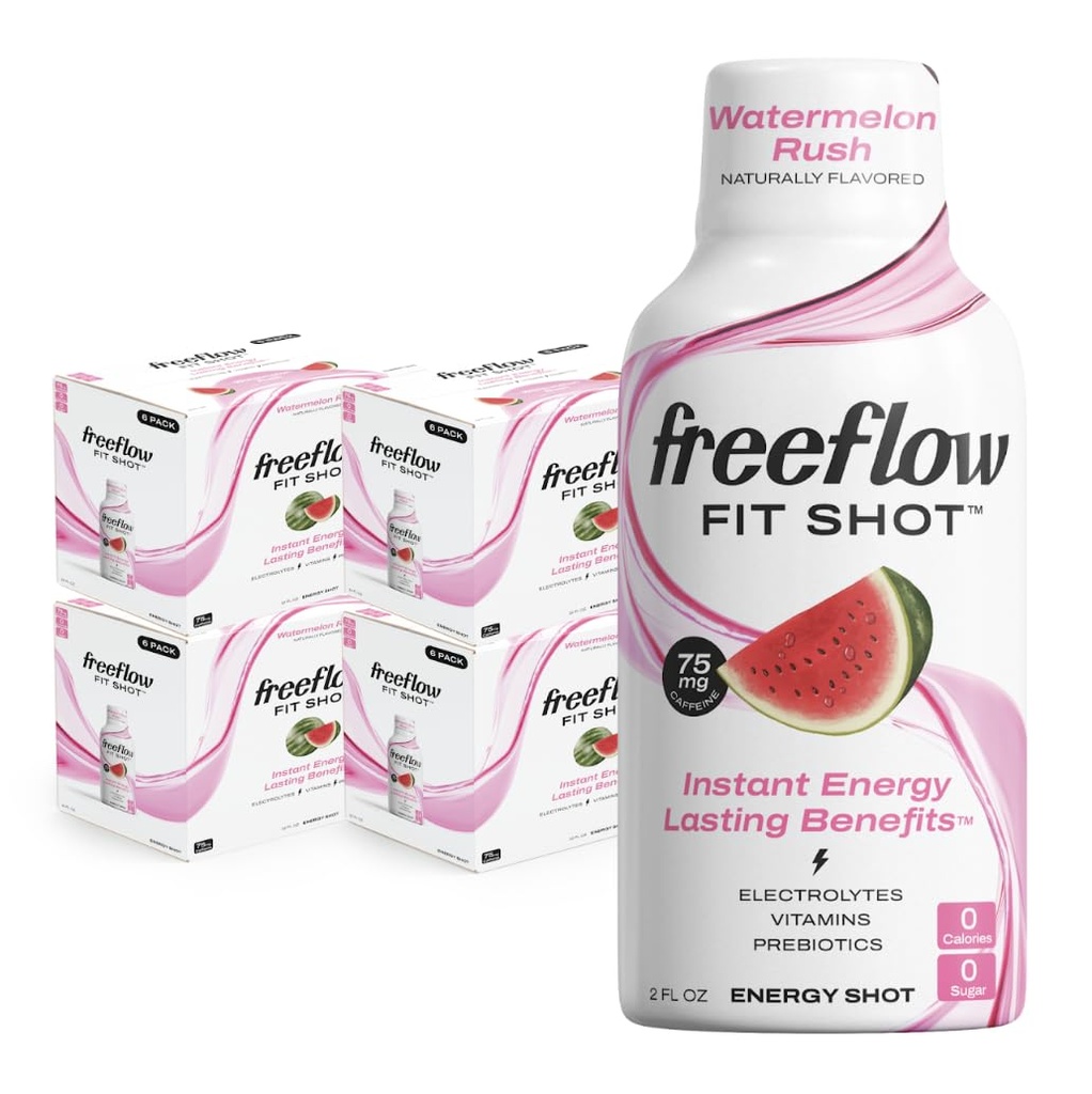 Shots d'énergie sans flux, Rush pastèque, Boost de caféine naturelle avec L-théanine, Ginseng, Vitamines, Prébiotiques, Electrolytes (24 Nombre, 2oz shots)