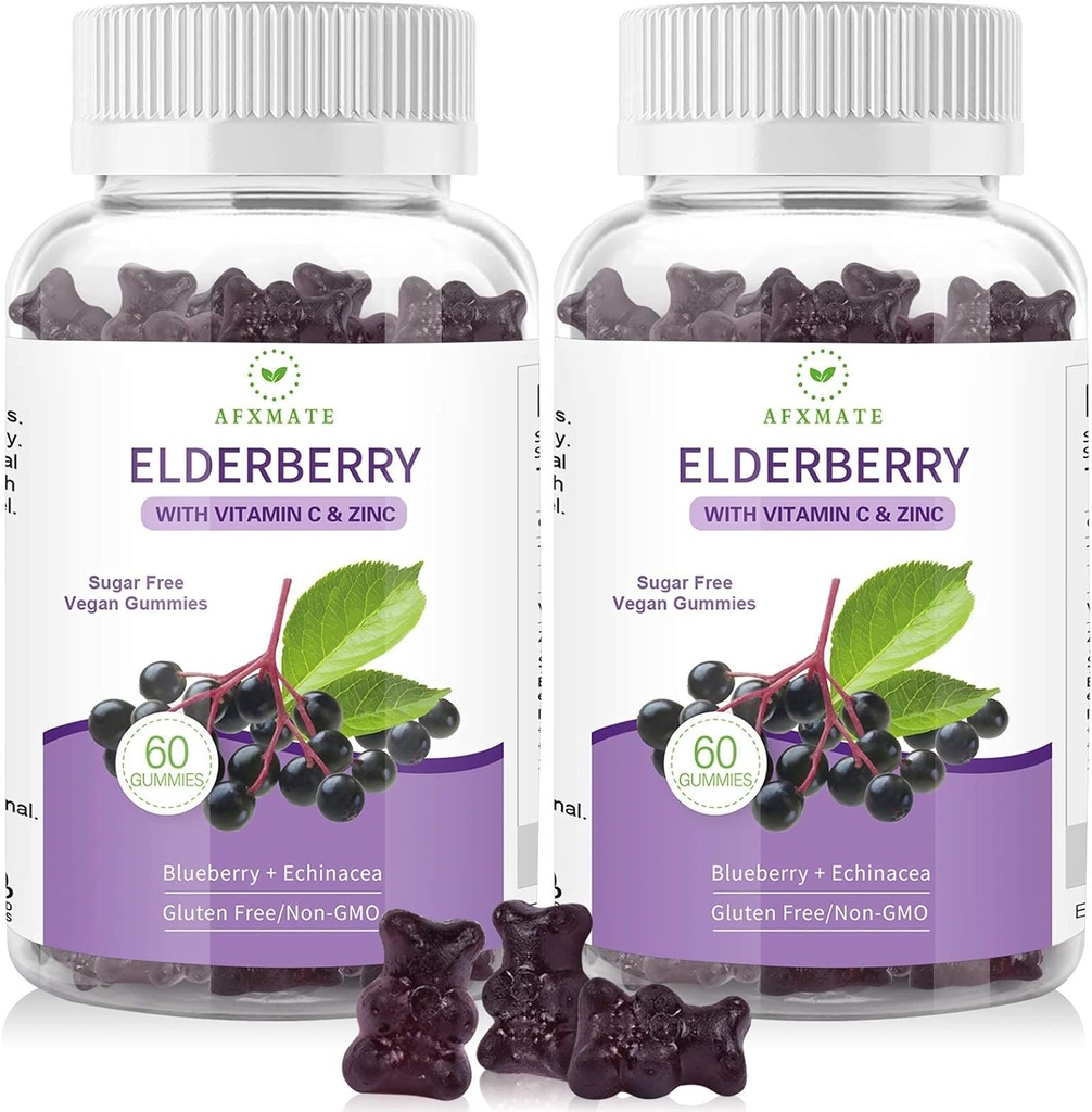 AFXMATE Sambucus Black Elderberry Gummies with Zinc and Vitamin C for Adults Kids Immune Support, Sugar Free 120 Counts