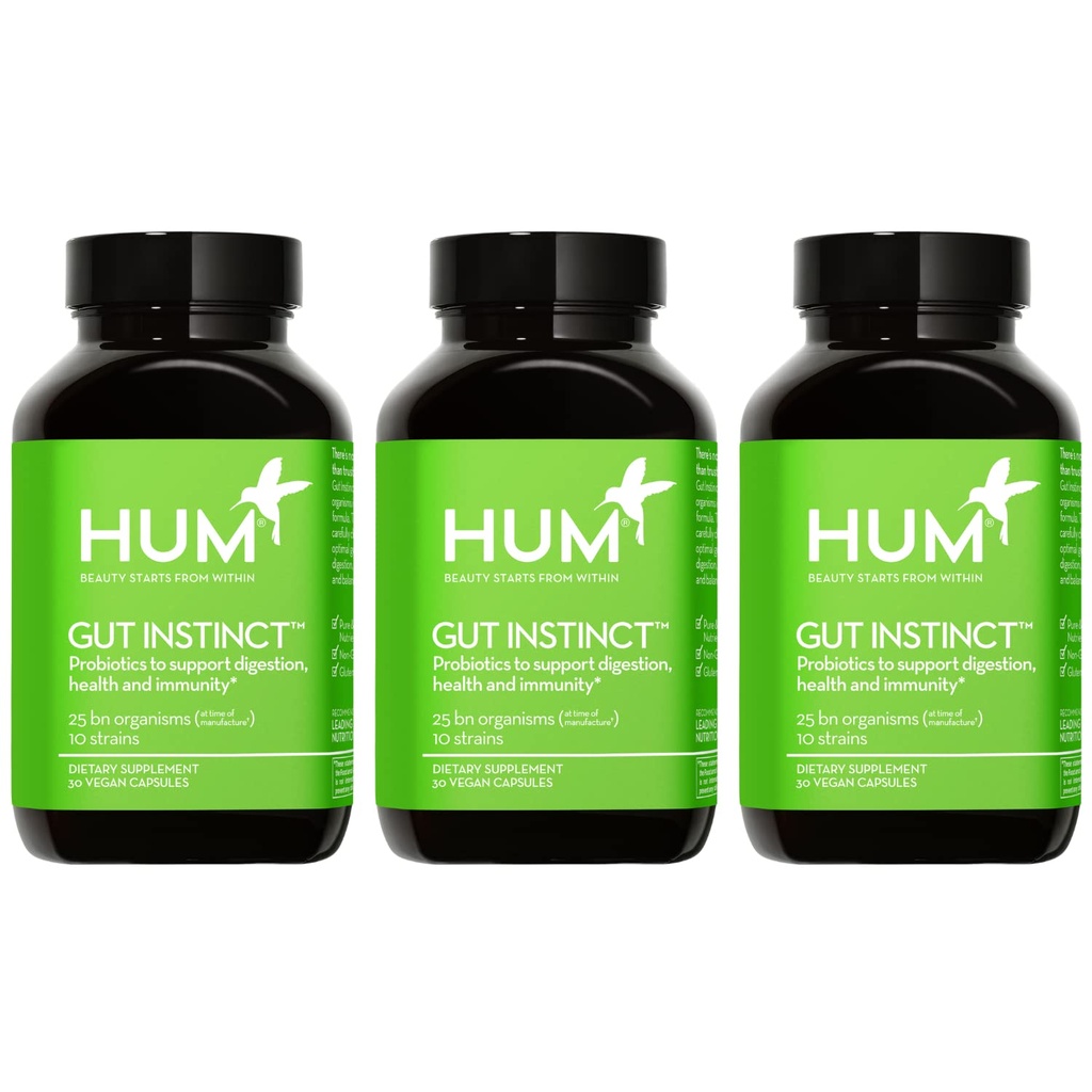 HUM Gut Instinct Probiotiques quotidiens pour les femmes et les hommes, Santé digestive, Lactobacillus, Bifidobacterium souches pour le soutien immunitaire, Supplément probiotique pour la diversité saine Gut, 90 Capsules