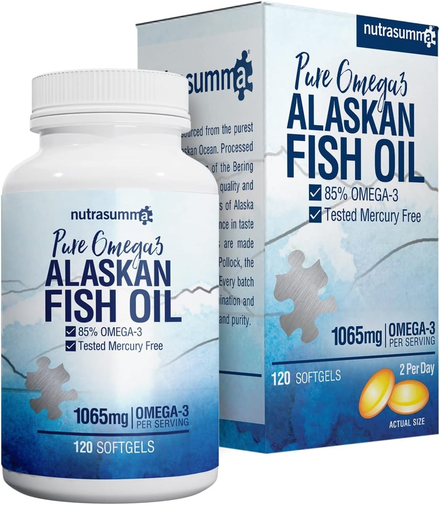 Nutrasumma High Purified Omega 3 supplément huile de poisson sauvage de l'Alaska sans Burpless et sans goût de poisson, 650mg EPA et 270mg DHA de 1250mg huile de poisson softgels, sans gluten, coeur, cerveau et immunitaire soutien, 60 portions