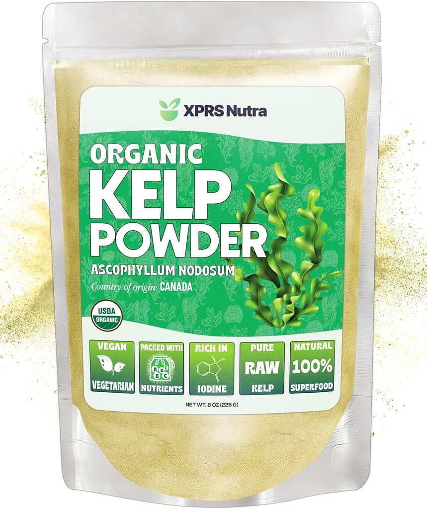 XPRS Nutra poudre de Kelp biologique (Ascophyllum Nodosum) - Poudre d'algues riches en iode, vitamines immunitaires et minéraux - supplément de Kelp de mer de qualité alimentaire Superfood végétalien pour soins de la peau (8 oz)