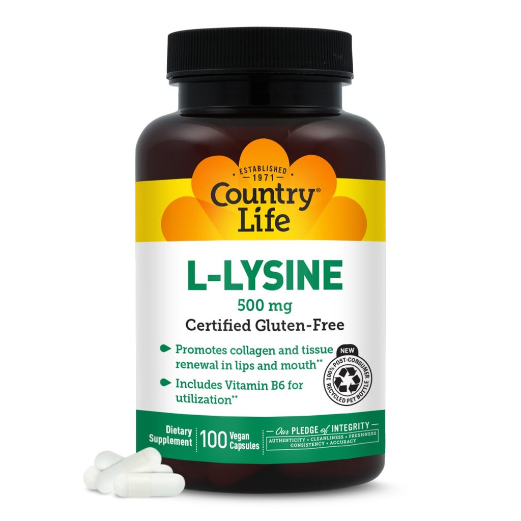Country Life L-Lysine 500mg avec B-6, soutient la santé immunitaire, favorise le renouvellement du collagène dans les lèvres et la bouche, 100 Capsules Vegan, certifié sans gluten, certifié végétalien
