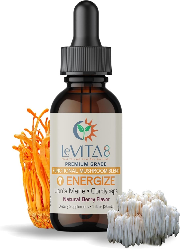 LeVITA8 Premium Mushroom Drops for Adults - 100% Natural Berry Flavor - Synergistic Blend of Lions Mane Liquid, Cordyceps Extract & B12 - Fast Absorbing Drop (1oz, 30 Days Supply)