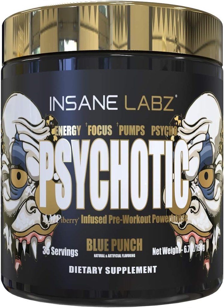 Insane Labz Or psychotique, Poudre de pré-entraînement stimulante, Focus énergétique extrême, Pompes et Endurance avec Beta Alanine, DMAE Bitartrate, NO Booster (35 portions, Blue Punch)
