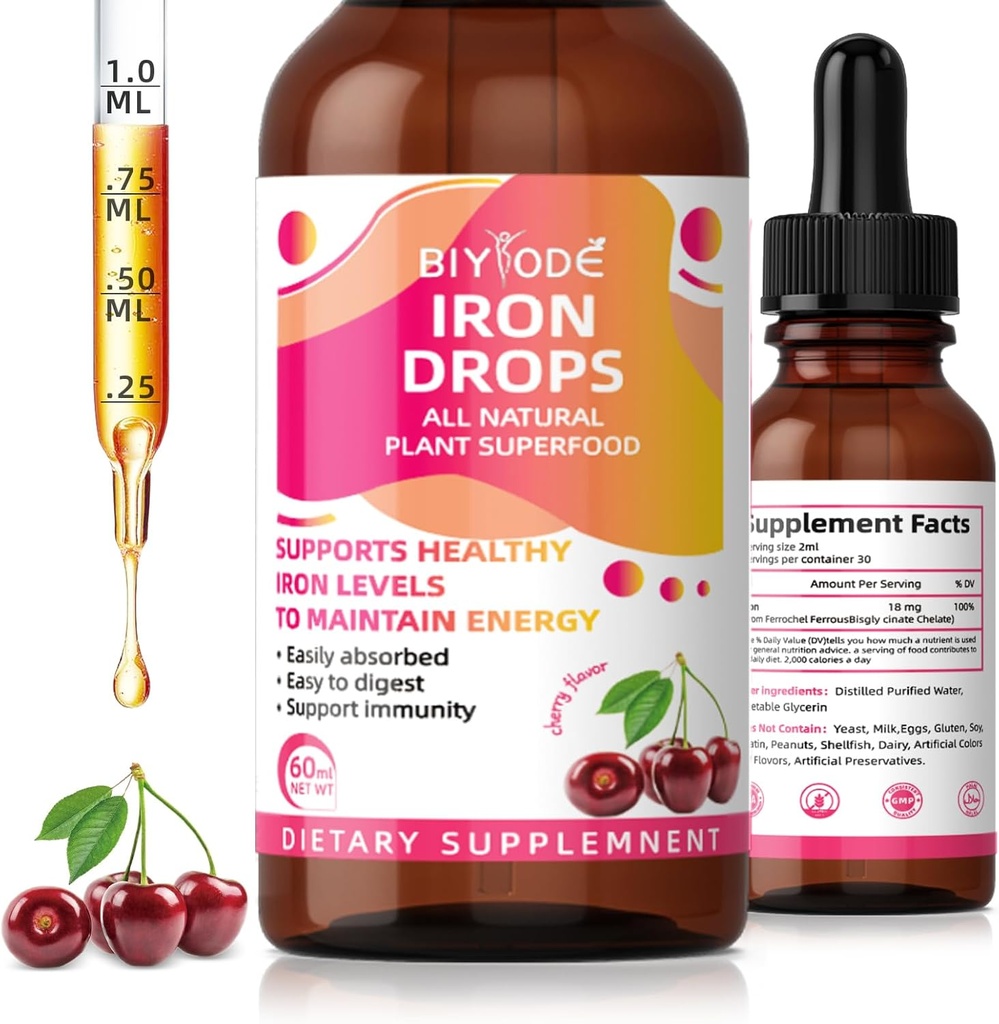 Supplément en fer pour les femmes : supplément en fer liquide avec vitamine C B12 et acide folique Absorption douce Soutien énergétique Formule non constipante Gouttes sans sucre végétalien