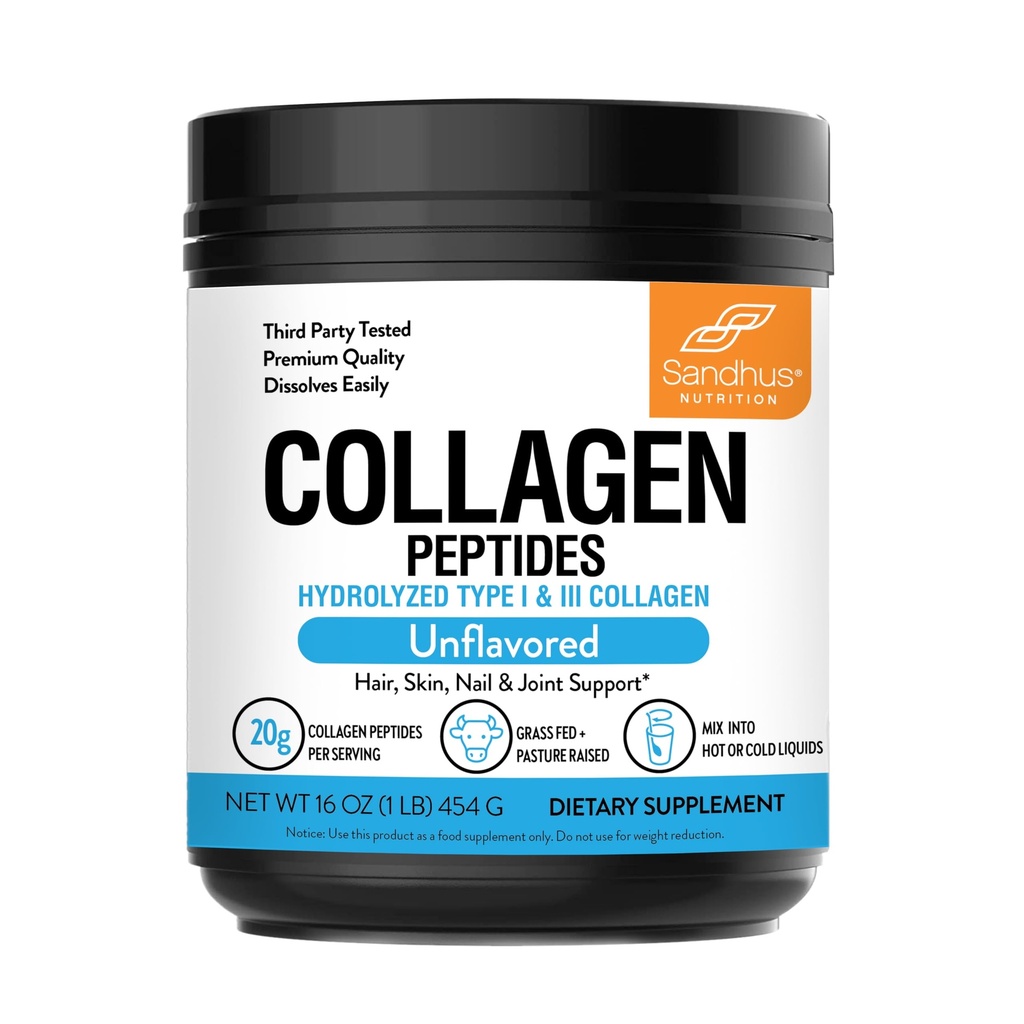 Sandhu's Collagen Peptides Powder=1 lb, 22 portions non aromatisées=Le collagène bovin hydrolysé à l'herbe supporte la peau, les cheveux, les ongles, la mobilité et la flexibilité des jeunes