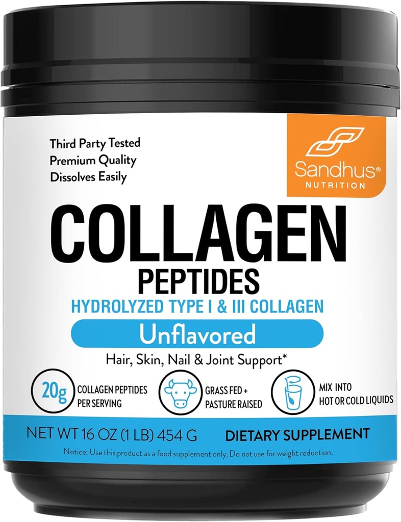 Sandhu's Collagen Peptides Powder=1 lb, 22 portions non aromatisées=Le collagène bovin hydrolysé à l'herbe supporte la peau, les cheveux, les ongles, la mobilité et la flexibilité des jeunes