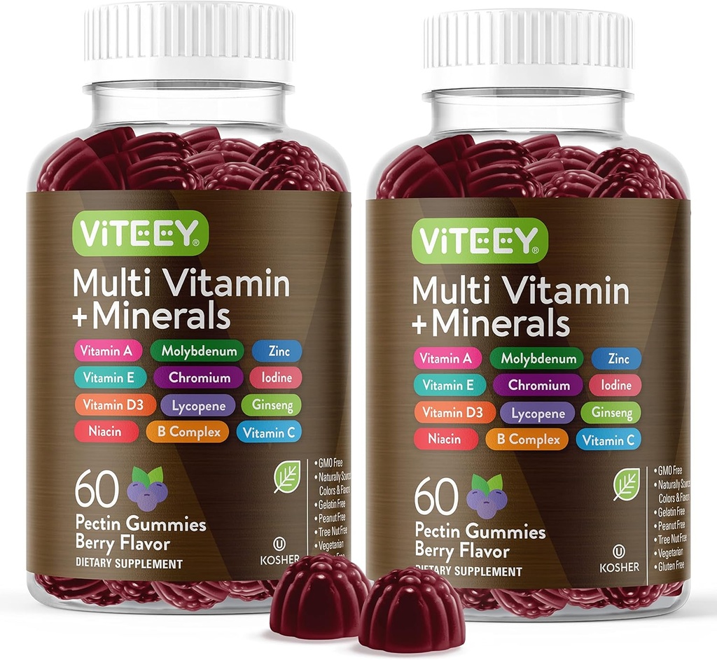 Gommies multivitamines Vitamines pour adultes et adolescents - Gommies de soutien immunitaire - 12 Vitamines et minéraux quotidiens avec vitamine C, D3, E, A, Zinc et plus - Végétarien, sans gluten - Gummy aromatisé aux baies à croquer
