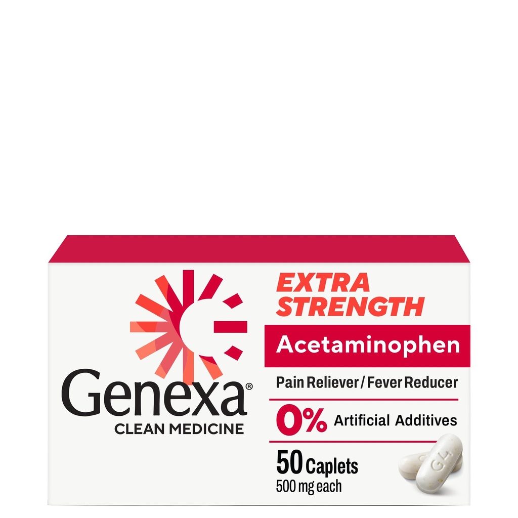 Généxa Acétaminophène propre 500mg Extra Force, Tee Free Pain Reliever Fever Reducer, 0% Additifs artificiels, Médecine de la douleur pour adultes, Soulage les maux de tête, Mal de dos, Arthrite mineure Douleur, 50 comprimés