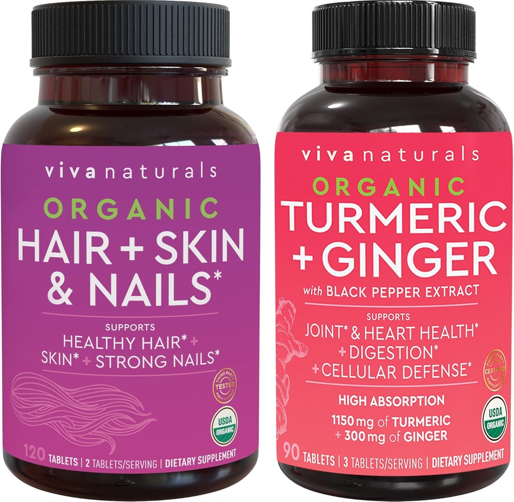 Peau et ongles de cheveux organiques Vitamines + Turcuma biologique avec un mélange de poivre noir et de gingembre, fabriqué avec Biotin 5000mcg pour cheveux sains, Turcuma pour le soutien articulaire naturel